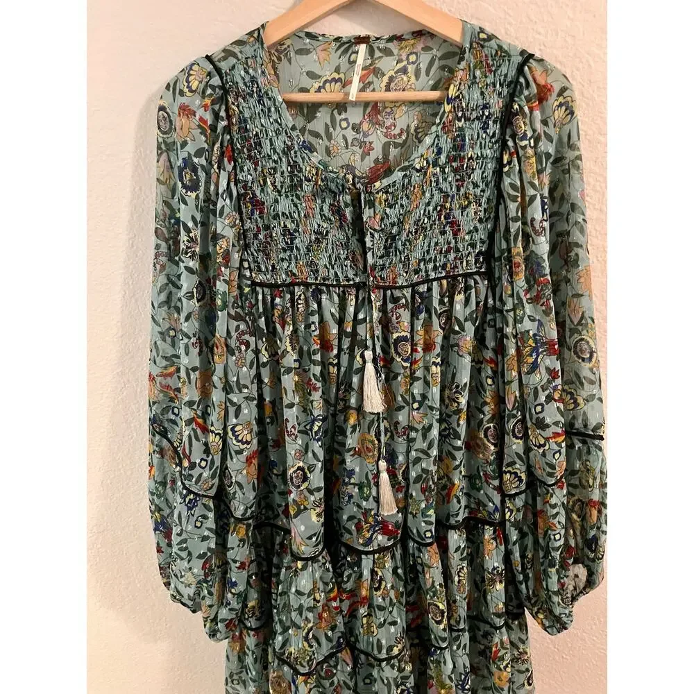 Free People Chiffon Green Floral Smocked Babydoll Tunic Dress Boho Peasant Large